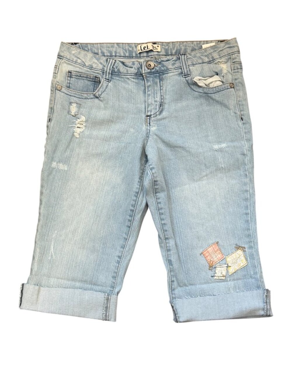 Vintage Y2K L.e.i. Size 13 Girls Distressed Denim Cropped Jeans W/ Patches